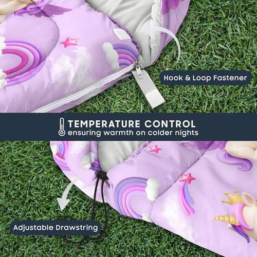 Wake In Cloud - Kids Sleeping Bag for Girls Toddlers, Camping in Warm Cold Weather, Backpacking Lightweight Compact Outdoor Liner for 3 Seasons, 3D Winged Unicorns