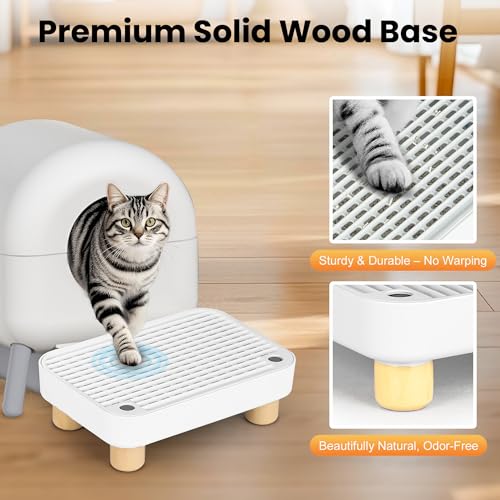 Litter Box Step, Litter Box Ramp/Catcher with Wooden Base, Anti-Tracking & Easy to Clean, Ideal for Small & Elderly Cats (White) - color: White