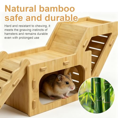 Wooden Hamster Hideout,Hamster Hideout Cage Accessories with Ladder(Z) | Platform for Syrian Hamsters Dwarf Gerbil Mouse - color: Bamboo-Light