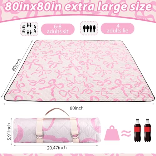 SmoothNovelty Pink Bow Picnic Blanket 80'' x 80'' Waterproof Extra Large Camping Blanket Coquette Picnic Mat Foldable Portable Preppy Outdoor Beach Mat with Carry Strap for Outdoor Grass Lawn Park - color: Pink