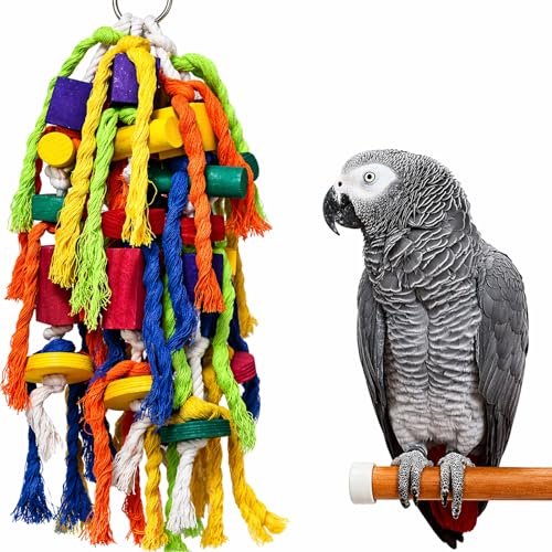 Rypet Parrot Toys Large Bird Toys, Wood Rope Cage Bite Toy for Cockatiels | Bird Toys for Parrots Rope, Natural Wood Chew Blocks, Cotton Knots for Tearing, Cage Hanging Play, Conures Cockatiels Amazon