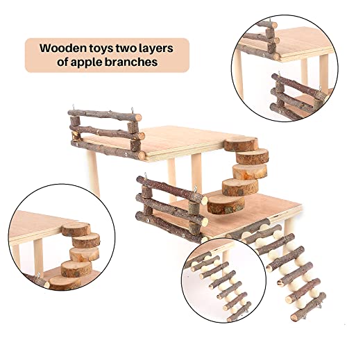 Hamster Climbing Toys,Toys Cage Accessories Two-Tier Hamster Playground Activity Platform with Bridge Natural Apple Wood Chew Toys for Guinea Pig,Gerbils,Chinchillas,Bunny,Rats