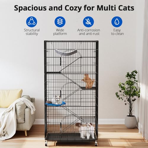 Large Cat Cage, 72 Inch 6-Tier Cat Playpen with Wheels Indoor Outdoor | 36x22x72” multi-level Enclosure, 3 Doors, Removable Tray, Rolling Wheels, Hammock, Cat Playpen for Kitten & Small Animals - size: 36.0"L x 22.0"W x 72.0"H