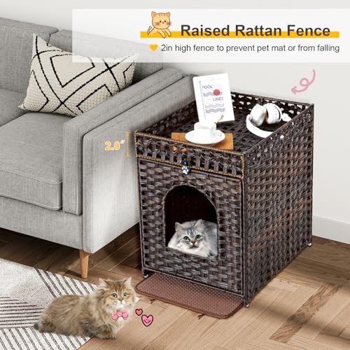 Snughome Cat Litter Box Enclosure Furniture Hidden with Litter Mat, Hidden Cat Washroom Furniture with Door, Handwoven Rattan Cat Washroom Box, Indoor Pet House for Living Room, Bedroom (Brown) - color: Brown
