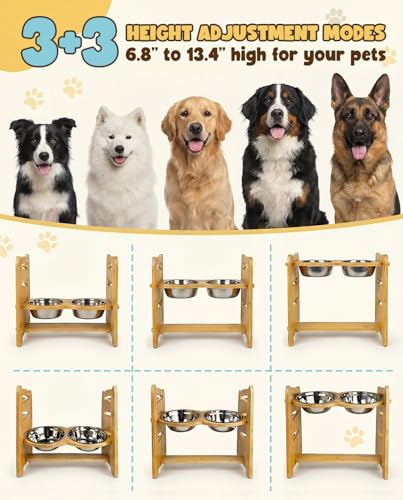 Jovrun Elevated Dog Bowls, Adjustable Raised Dog Bowl Stand for Medium Large Size Dogs, 15°Tilted Elevated Dog Bowls, Durable Bamboo Dogs Feeder with 2 Stainless Steel Bowls and Non-Slip Feet - color: Bamboo, size: 6.8″-13.4″For Medium and Large Dogs