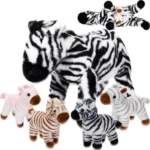 Hollowfly 5 Pcs Zebra Plush Toy Gift Set 12.6" Mommy Zebra with 4 Cute Babies Stuffed Animal in Zippered Belly Nurturing Plushies Toys for Christmas Kid Adults Forest Themed Birthday Party Favor Gifts - style: Zebra