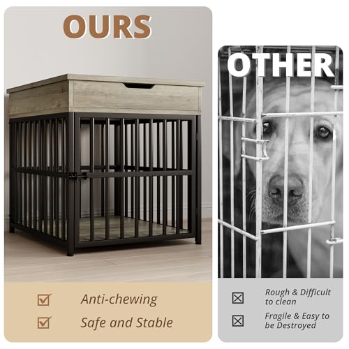 IRONCK Dog Crate Furniture for Small Dogs, Gray | Wooden Dog Kennel with Flip Top Drawer, Indoor Pet Crate End Table with Charging Station, Steel-Tube Dog Cage - color: Grey