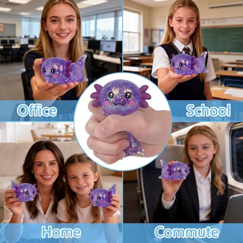 3.94 in Purple Glitter Crawling Axolotl Squishy Slow Rising | Soft TPR, Floating Glitter, squeeze toy, busy hands, stress relief, focus support, home, class, travel, kids and adults - color: Purple
