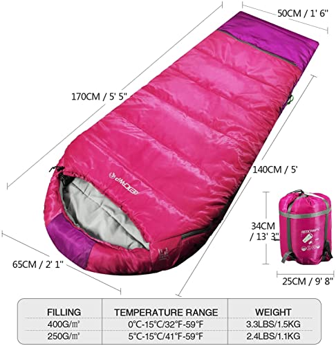 REDCAMP Kids Mummy Sleeping Bag for Camping, 3 Season Cold Weather Sleeping Bag Fit Boys,Girls & Teens, Blue/Rose Red - color: Pink with 2.4lbs Filling