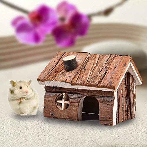 Hypeety Natural Wooden Hamster House Cage Small Animals House with Chimney | Natural solid wood, chew-proof and ventilated play house, for hamsters/gerbils/mice, no assembly required, 5.1x4.3x3.5'', S - size: S