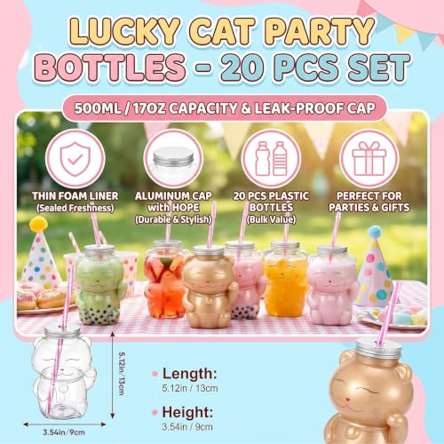 Sliner Lucky Cat Bottles with Straws Including 20 Pcs Empty Plastic Cats Drink Bottle & 20 Pcs Straws & Caps for Christmas Party Juice Milk Cup Drink Water Containers(20 Set, Lucky Cat) - style: Lucky Cat