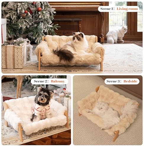 Elevated Cat Couch Bed Wooden Raised Kitty Sofa Lounge Chair | Washable Fluffy Cover Wooden Elevated Pet Furniture for Indoor Cats and Puppy(White) - color: Cat Sofa-White