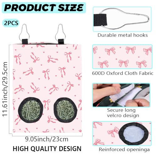 2Pcs 2 Styles Small Pet Hanging Hay Bag Pink Hay Feeder Bag with 2 Holes Bowknot Pattern Cloth Washable Rectangle Feeding Storage for Rabbit Chinchillas Hamsters Guinea Pigs 12 x 9 Inch - color: Bowknot
