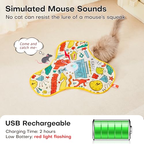 Potaroma Interactive Cat Feather Toys, Hide and Seek Moving Feather Wand | Rechargeable Touch Activated Indoor Kitten Exercise Kicker, Mouse Squeaky, Graffiti Cover - color: Graffiti Cover