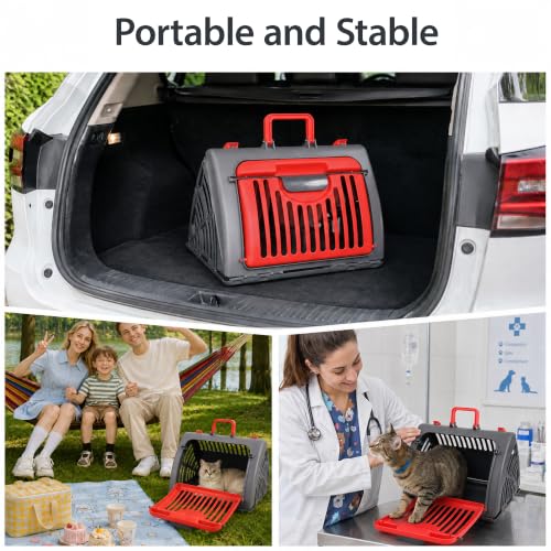 Foldable Portable Pet Carrier, Cat Carrier with Opening Door | Hard-Sided Travel Cat Carrier for Cats & Small Pets up to 25lbs, Red - color: Red