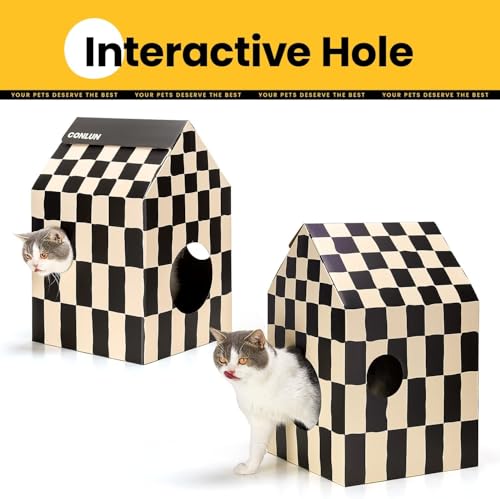 Conlun Cardboard Cat House with Scratch Pad & Catnip, Cat Play Scratching House for Indoor Hideaway Furniture, Heavy Duty Sturdy Cardboard Scratcher, Easy to Assemble Birthday Gift, Medium | 2-in-1 cozy cave, heavy-duty recycled cardboard | traps messy cr