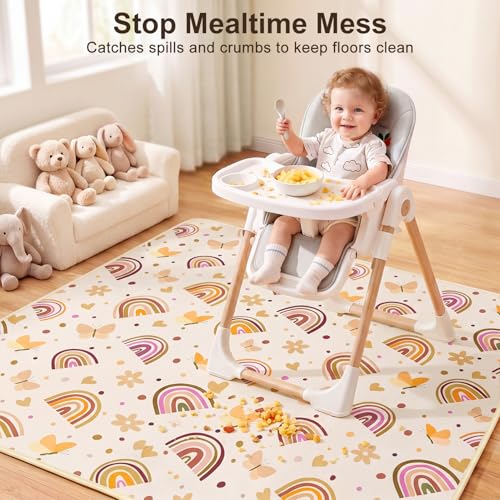 Basumee Splat Mat for Under High Chair, Waterproof & Mess-Proof Floor Mat | 51"×51" Baby Splash Mat, Non Slip Bottom, 4-Layer Fabric, Food & Liquid Catcher, Machine Wash for Boy Girl, Meals, BLW, Craft - color: Brown Rainbow, size: 51x51 Inches