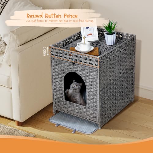 Snughome Cat Litter Box Enclosure Furniture Hidden with Cat Litter Mat, Hidden Cat Washroom Furniture with Door, Handwoven Rattan Cat Washroom Box, Indoor Pet House for Living Room, Bedroom(Grey) - color: Grey