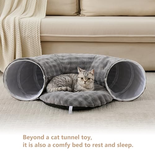 Bubble Round Cat Tunnel for Indoor Cats, Grey | Peekaboo Cave Toy with Dangling Balls, Donut Tunnel Bed with Circle Mat for Puppy Kitten Rabbit - color: Grey, size: Round
