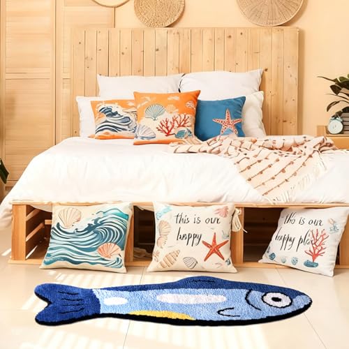 Fish Rug - Cute Fish Bath Mat Blue Bathroom Rugs Animal Pattern Fun Carpet, Non-Slip Plush Absorbent Bath Mats, Cool Carpet for Bedroom Living Room Shower Sink Bathtub Room Decor, 16"x 47"