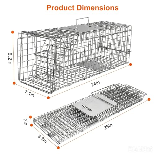 Live Animal (Under 4.4 lbs) Cage Trap, Collapsible Humane Animal Trap for Small Raccoons, Galvanized Steel Small Animal Trap Cage for Rabbit,Stray Cat,Chipmunk,Mole,Gopher,Foxes，24x7.1x8.2inches