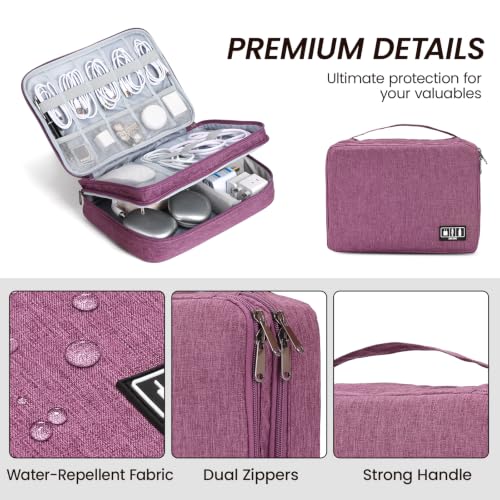 Electronic Organizer Travel Case, Double Layer Cable Organizer Bag | Double-layer design with adjustable dividers, mesh pockets and elastic loops for chargers, cables, power banks and gadgets - color: purple