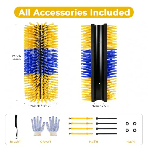 2PCS Horse Scratcher Goat Brush Post, Livestock Scratching Brushes | Stiff Bristle, Itch Relief, Self-grooming, Full Massage, Livestock Scratch Brushes w/Durable Screws Cleaning Tool and Gloves - color: Yellow