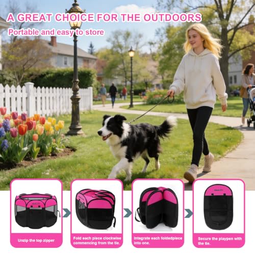 Cat Dog Playpen, Foldable Pet Puppy Dog Playpen, Cat Tent Crates Cage, Portable Playpen for Dogs Cats Rabbits Pigs Bunny Indoor/Outdoor, Pop Up Dog Kennel Playpen Enclosure with Carring Bag - color: Rose, size: M(36"L x 36"W x 23"H)