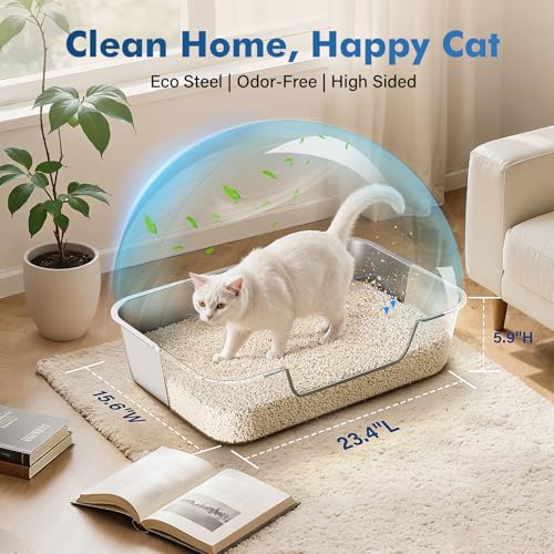 Qiuma Stainless Steel Cat Litter Box with Low Entry, Metal Kitty Litter Box for Senior or Injured Cats, Odor-Free, Non-Stick, Easy to Clean, 17.5"x13.6"x5.9", Litter Pan for Medium and Small Cats - size: 17.5"L×13.6"W×5.9"H