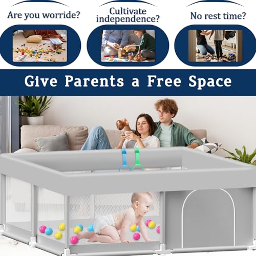 Baby Playpen with Balls and Pull Rings, 50x50 Inch Playpen for Babies and Toddlers Baby Playpen Fence Playard Activity Center, Without MAT Included - color: Grey + Ball, size: 50x50 Inch