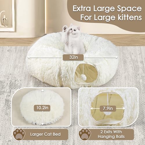 Peekaboo Cat Cave with Washable Mat, Collapsible Cat Play Tunnel for Kittens & Small Pets, Plush Cat Donut Bed Tunnel, Beige - color: Beige