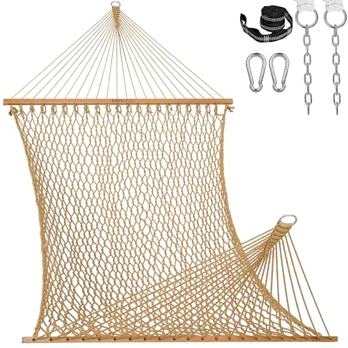 Lazy Daze 13 Ft Double Handwoven Polyester Rope Hammock with Tree Straps | Mesh Hammock for 2 Person, with Spreader Bar, Carabiners, Chains for Outside, Backyard, Patio, 450 Lbs Capacity - color: Tan