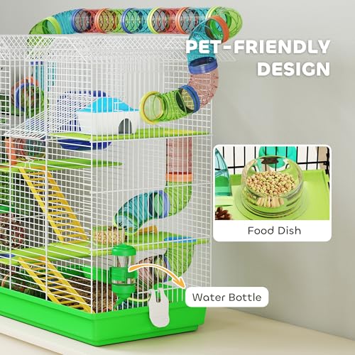 PawHut 18.5" 5 Tier Hamster Cage with Tubes and Tunnels, Green | Small Animal Cage, Rat Gerbil Habitat, Water Bottle, Food Dish, Exercise Wheel - color: Green