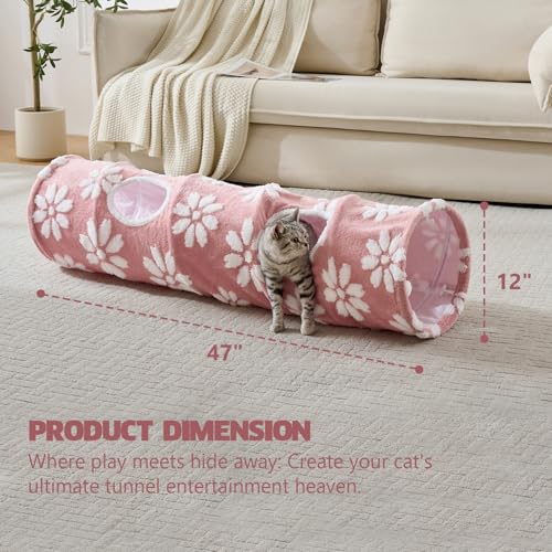 Straight Cat Tunnel for Indoor Cats 47"x12", Pink Flower | Cute Cat Toys, Collapsible Tunnel Tube with Hanging Balls for Puppy Kitten Rabbit - color: Pink Flower, size: Straight
