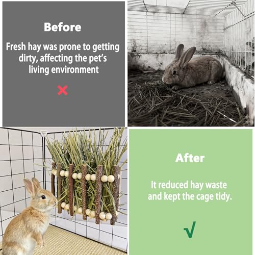 Wood Rabbit Hay Feeder,Hanging Guinea Pig Hay Holder,Biting Resistant Bunny Grass Holder,Small Animals Feeding Grass Manage Rack Dispenser for Chinchilla,Hamsters Cage Accessories