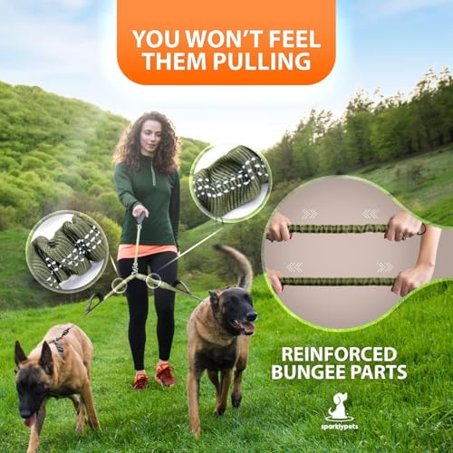 Double Dog Bungee Rope Leash - Dual Dog Lead for Medium and Large Breeds - Padded Handles, No Tangle - Flow Leash, 2 Dogs Walking Accessory - color: Green Range