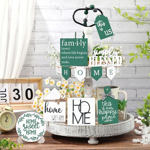 FairySandy 11 Pcs Home Tiered Tray Decor Spring Ustic Farmhouse Tiered Tray Decorations Set Home Wooden Signs Vintage Farm Animal Farmhouse Tabletop Wood Signs for Kitchen Table Shelf Decor - style: Green Style