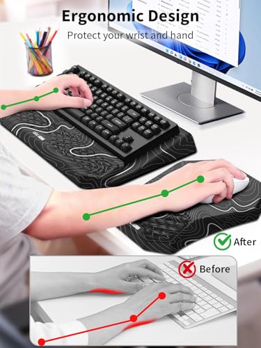 3-in-1 Ergonomic Keyboard Stand with Wrist Rest & Mouse Pad Set,Topographic | Comfy Keyboard Riser Holder Soft Mousepad with Massage Design, Memory Foam and Non-Slip PU Base for Pain Relief - color: Black Topographic