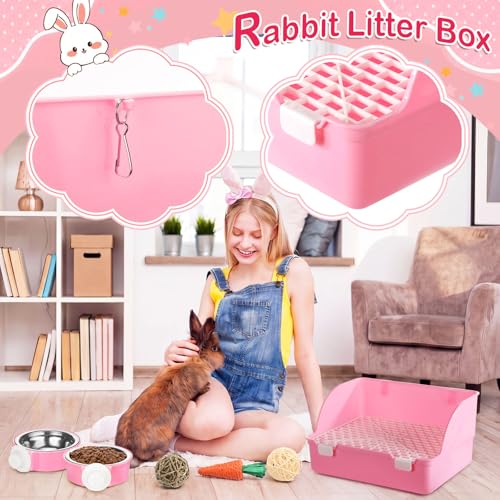Reallnaive 15 Pcs Rabbit Starter Kit Small Rabbit Litter Box Girls Gift Animal Grooming Kit Bunny Toys Bowl Blankets with Cleaning Set for Guinea Pig Accessories(Light Pink) - color: Light Pink