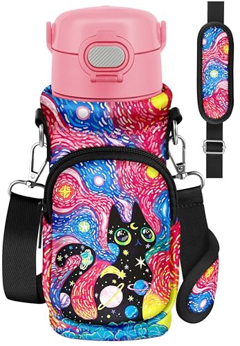 Water Bottle Carrier with Strap for Kids, 14-20 oz | Insulated, Neoprene Water Bottle Holder Bag with Pocket, Cute Cartoon, Bottle Bag for boys and girls, Walking Hiking Camping - color: Starry Sky Cat