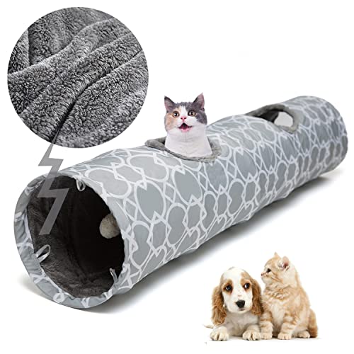 Geometric Straight Cat Tunnel with Plush Inside,Cats Toys Collapsible Tunnel Tube with Balls, for Rabbits, Kittens, Ferrets,Puppy, Diameter 9.8 Inch - size: Large Straight Tunnel