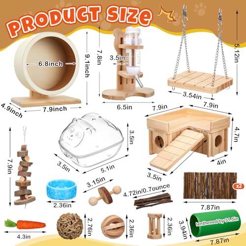 19 Pcs Hamster Cage Accessories & Habitat Set, Wooden Silent Exercise Wheel Wood Hide Out Tree Trunk Tunnel Tube Water Bottle Set Sand Bath Bowl Chew Toys for Dwarf Hamster Gerbil Mouse