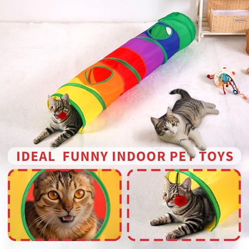 Pet Cat Tunnel, Long Straight Tunnels for Indoor Cats, Collapsible Pet Tunnel for Kitten, Puppy, Rabbit, 25cm-Wide Tunnels, Durable & Breathable, with Peek Hole Toy Ball - color: Long Straight Tunnel & Rainbow