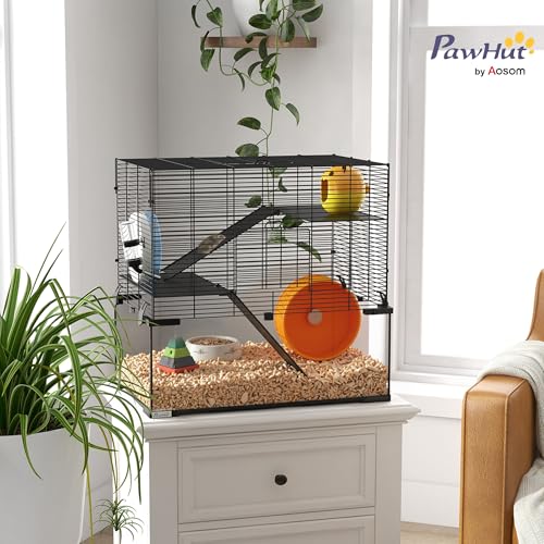 PawHut Large Hamster Cage with Deep Tempered Glass Bottom, 3 Tiers Hamster Tank with Running Wheel, Hut, Water Bottle, Dish, Rat Cage for Syrian, Dwarf, Gerbils, Mouse, 23.5" x 16" x 22.5", Black | 3 Tiers Hamster Tank, Running Wheel, Hut, Water Bottle, D
