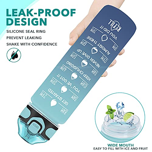 Enerbone 32 oz Drinking Water Bottle with Times to Drink and Straw, Motivational with Carrying Strap, Leakproof BPA & Toxic Free, Ensure You Drink Enough Water for Fitness Gym Outdoor - color: Green-Blue