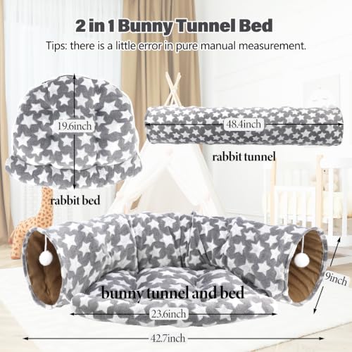 BWOGUE Bunny Tunnel Bed, 2-in-1 Collapsible Rabbit Tunnel Hideout with Mat | Removable Mat for Washing, Ball Toy for Play, Tunnel Tubes for Hiding, Gray Star Soft Suede Fabric, Cats Rabbits Guinea Pigs - color: Greystar