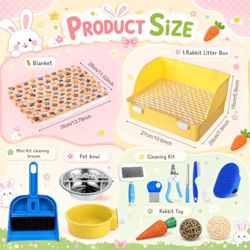 Reallnaive 15 Pcs Rabbit Starter Kit Small Rabbit Litter Box Girls Gift Animal Grooming Kit Bunny Toys Bowl Blankets with Cleaning Set for Guinea Pig Accessories(Yellow) - color: Yellow