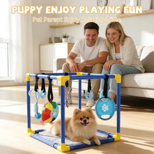Puppy Play Gym, Dog Activity Center with 8 Hanging Toys, PVC Frame | 8 Enrichment Toys for Busy Play, Soft Mat for Rest, Non-Slip Feet for Stable Play, Adjustable Straps, Cats and Small Pets