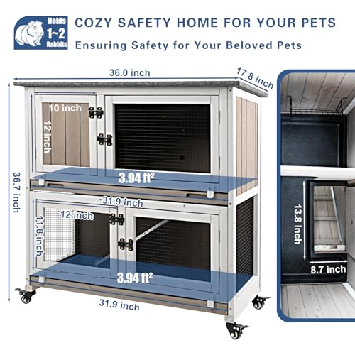36" L Guinea Pig Cages Wooden, 2 Story Rabbit Cage Indoor Guinea Pig Habitat on 4 Metal Wheels and 2 Deeper Pull-Out Trays, Ramp, Leak Proof Guinea Pig Cages Indoor Small Animal Cage, Grey