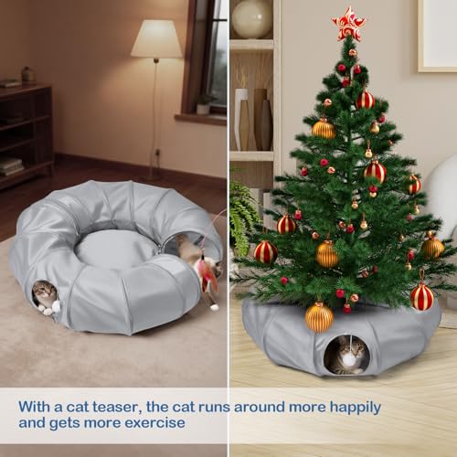 Cat Tunnel Bed with 2Pcs Interactive Toys, 3-in-1 DIY Collapsible Plush Cat Tube with Washable Mat, Large Indoor Play Tunnel Cave for Kittens and Small Animals - color: Cool Gray